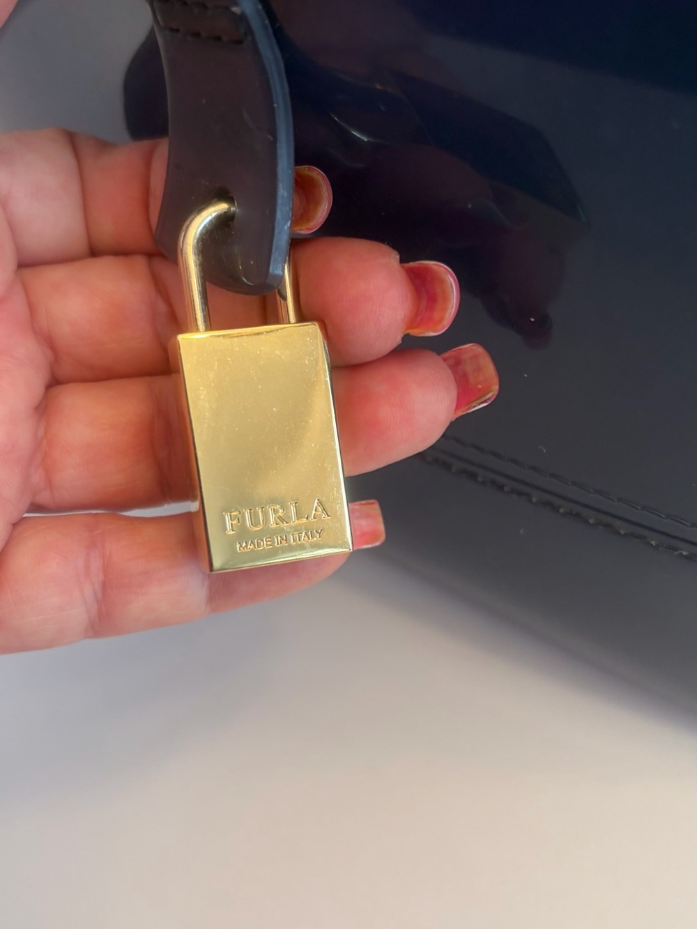 Furla Navy Patent Candy Bag Satchel - Picture 8 of 12